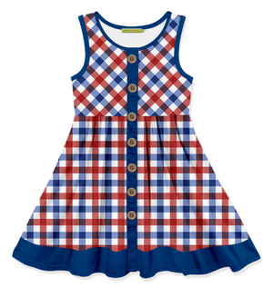 Kids Blue & Red Check Button-Up Sleeveless Dress