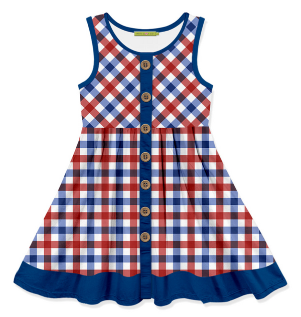 Kids Blue & Red Check Button-Up Sleeveless Dress