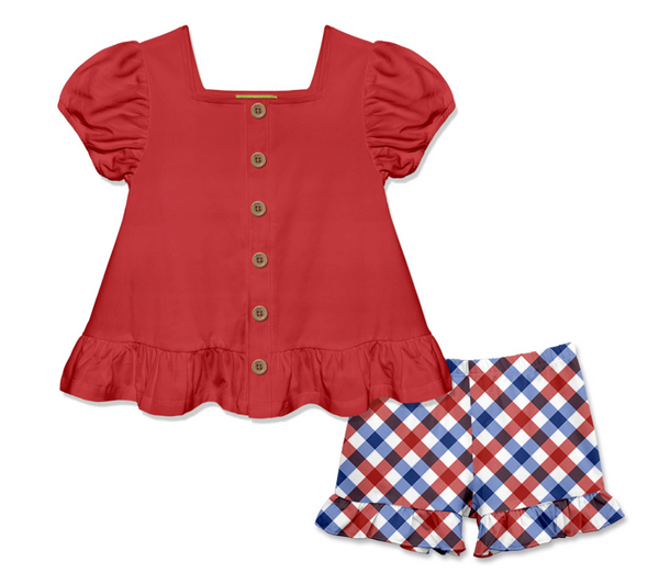 Kids Red Puff-Sleeve Top & Check Shorts