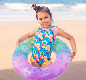 Turquoise Sunny Pineapple Ruffle-Accent One-Piece