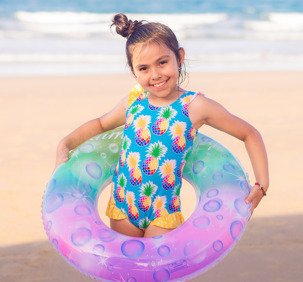 Turquoise Sunny Pineapple Ruffle-Accent One-Piece