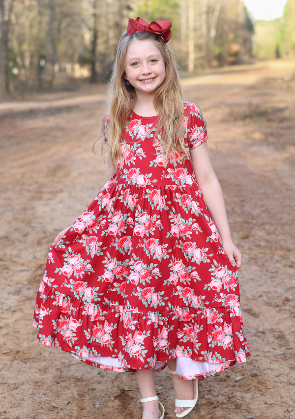 Kids Red Rose Midi-Length Hi-Low Dress