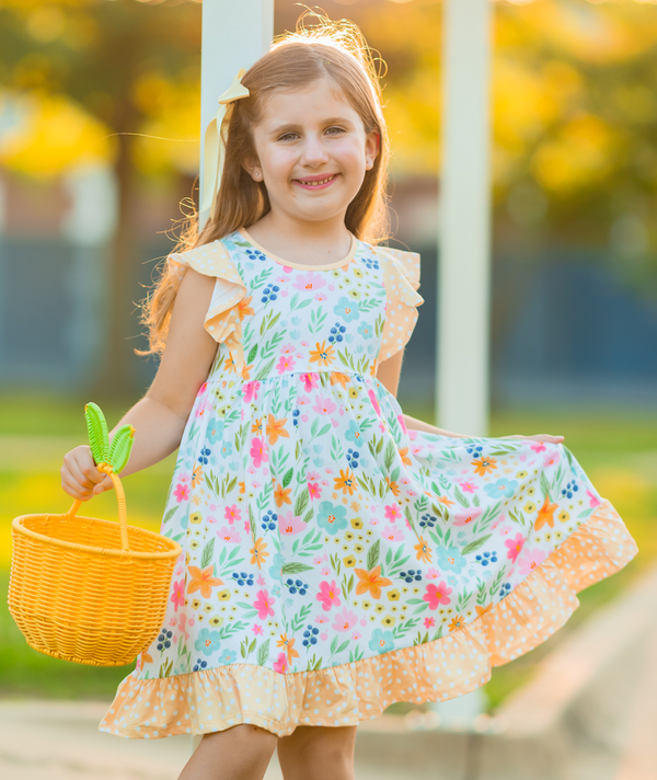 Yellow Spring Flower Angel-Sleeve Dress & Dot Shorts