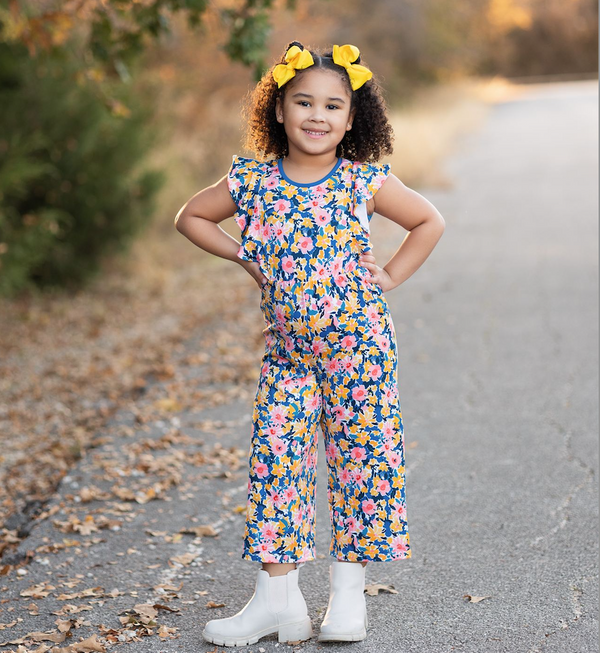 Kids Navy Floral Filigree Angel-Sleeve Overalls
