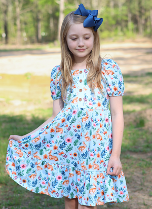 Ice Blue Bunnies Flowers Ruffle-Hem Dress