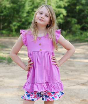 Millie Loves Lily Violet Angel Sleeve Top & Block Floral Print Shorts Set,(Size 3T-12),2PCS