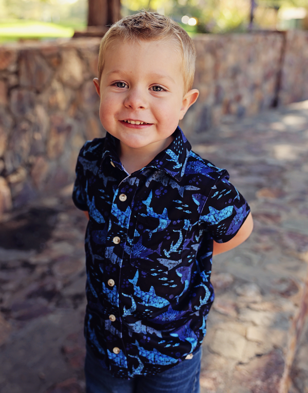 Black Pacific Shark Short-Sleeve Button-Up