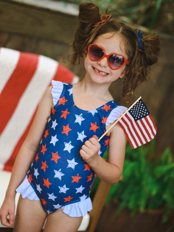 Navy USA Star Ruffle-Accent One-Piece