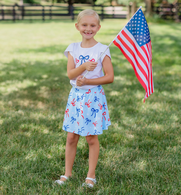 White Tulip-Sleeve Top & Bows Skort