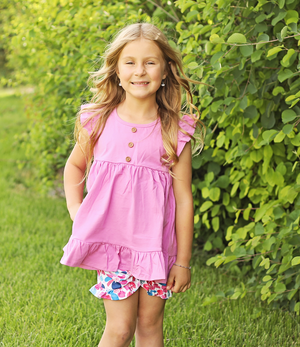 Millie Loves Lily Violet Angel Sleeve Top & Block Floral Print Shorts Set,(Size 3T-12),2PCS