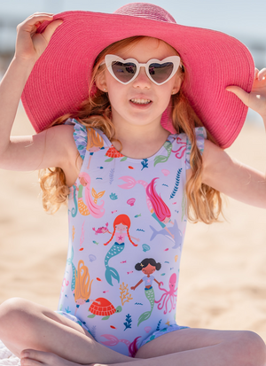 Kids Ice Blue Coral Reef Mermaid Ruffle-Accent One-Piece