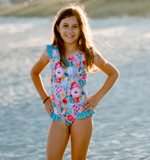 Turquoise Painted Floral Ruffle-Accent One-Piece