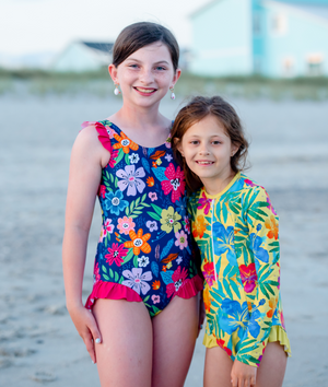 Navy Adele Floral Ruffle-Accent One-Piece