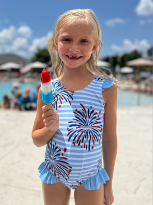 Light Blue Stripe Fireworks Ruffle-Accent One-Piece Swimsuit