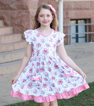 Kids White Floral Bouquet Patch-Pocket Angel-Sleeve Dress