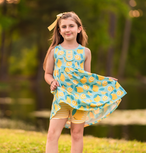 Millie Loves Lily Girls Mint and Yellow Lemon Print Dress and Short Set,2-PCS