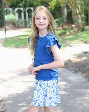 Kids Navy Fr Terry Top & Bow Printed  Skort Set
