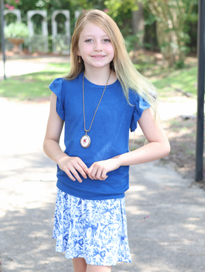 Kids Navy Fr Terry Top & Bow Printed  Skort Set