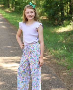 Kids Orchid Petal Ribbed Ruffle-Sleeve Top & Spring Bouquet Wide-Leg Pants