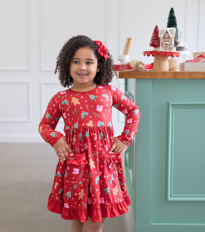 Kids Red Christmas Holly Patch Pocket Long Sleeve A-Line Dress