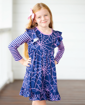 Kids Violet Spider Web Angel-Sleeve Dress