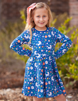 Kids Blue Unicorn Prance Yoke A-Line Dress