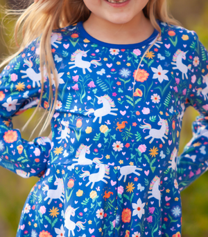 Kids Blue Unicorn Prance Yoke A-Line Dress