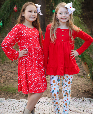 Kids Red Long-Sleeve Babydoll Top & Gingerbread Christmas Leggings