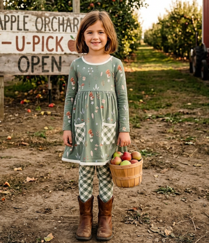Kids Dusty Green Mushrooms&Leaves Front-Pocket A-Line Dress & Leggings
