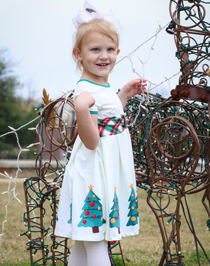 Kids Cream Christmas Tree Border Bow-Accent Dress