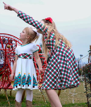 Kids Cream Christmas Tree Border Bow-Accent Dress