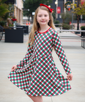 Kids Green Christmas Plaid Yoke A-Line Dress