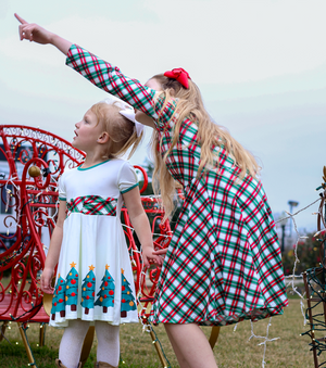 Kids Green Christmas Plaid Yoke A-Line Dress