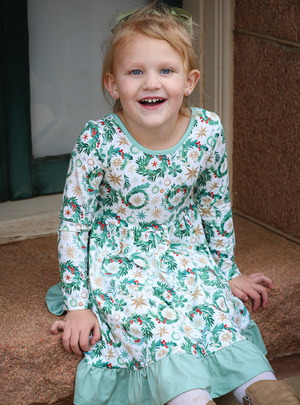 Kids Cream Christmas Wreaths Ruffle-Hem Dress