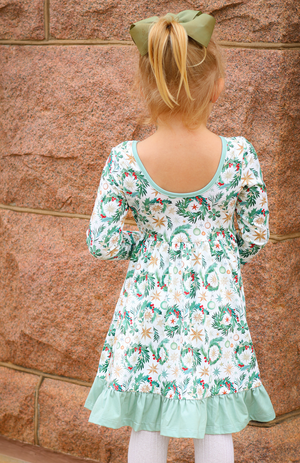 Kids Cream Christmas Wreaths Ruffle-Hem Dress