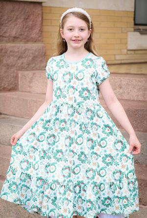 Kids Cream Christmas Wreaths Midi-Length Hi-Low Dress
