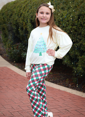 Kids Cream Christmas Velour Sweatshirt & Plaid Flare Leggings