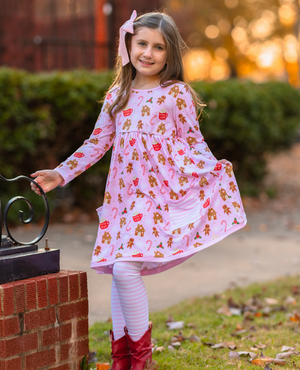Kids Pink Gingerbread Front Pocket A-Line Dress & Stripe Leggings