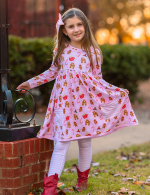Kids Pink Gingerbread Front Pocket A-Line Dress & Stripe Leggings