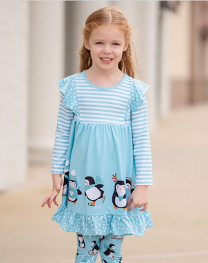 Aqua Penguin Skate Border Angel-Sleeve Dress & Leggings