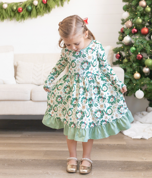 Kids Cream Christmas Wreaths Ruffle-Hem Dress