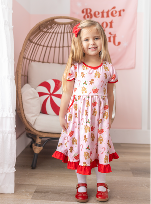 Kids Pink Gingerbread Cap Sleeve Dress & Red Cardigan