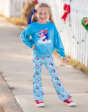 Kids Turquoise Penguins Velour Sweatshirt & Flare Leggings