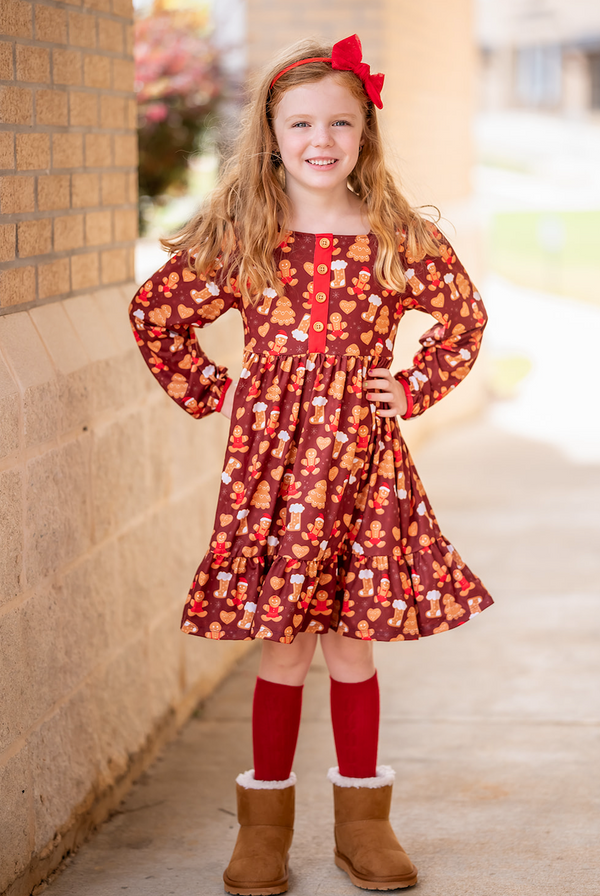 Gingerbread Square-Neck Button-Front Dress & Red Button Leggings