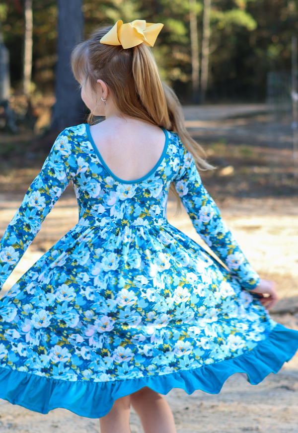 Teal Floral Ruffle-Hem Dress