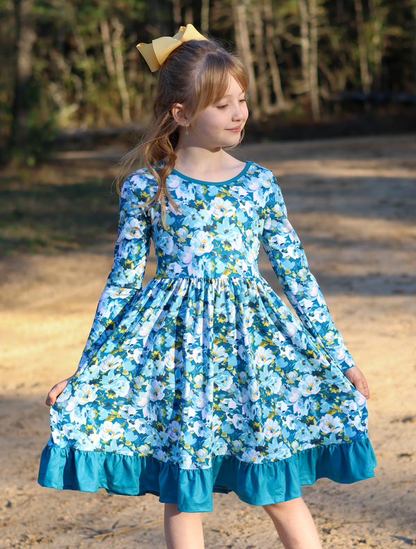 Teal Floral Ruffle-Hem Dress