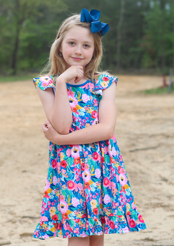Blue Begginings Floral Angel-Sleeve Dress