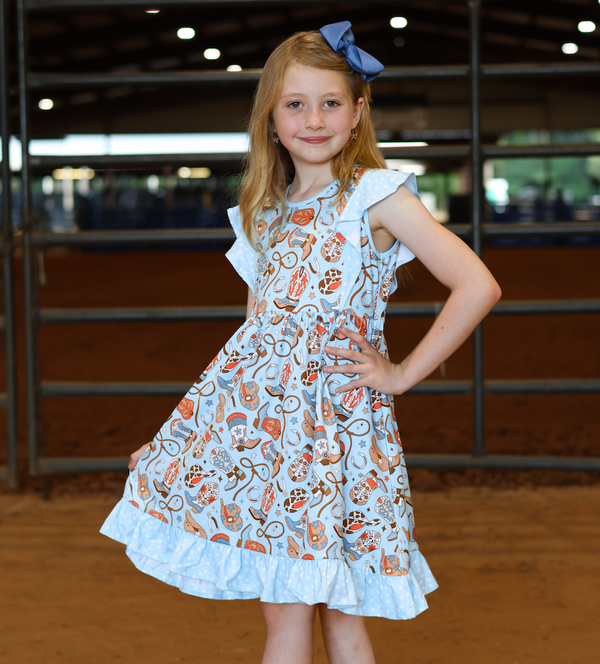 Kids Light Blue Howdy Boots Angel-Sleeve Dress