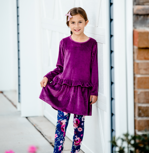 Plum Ribbed Velour Drop-Waist Dress & Willow Floral Leggings