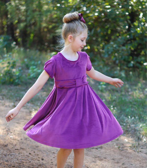 Millie Loves Lily Girls' Plum Rib Velour Short Sleeve Dress With Bow Waistband